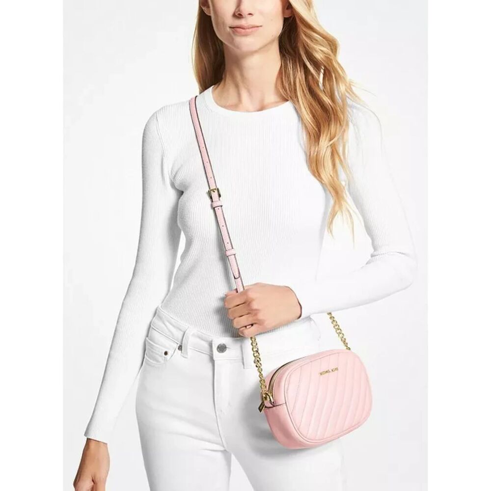 Michael Kors Small Oval Quilted Camera Crossbody Bag Rose Pink Gold Tone